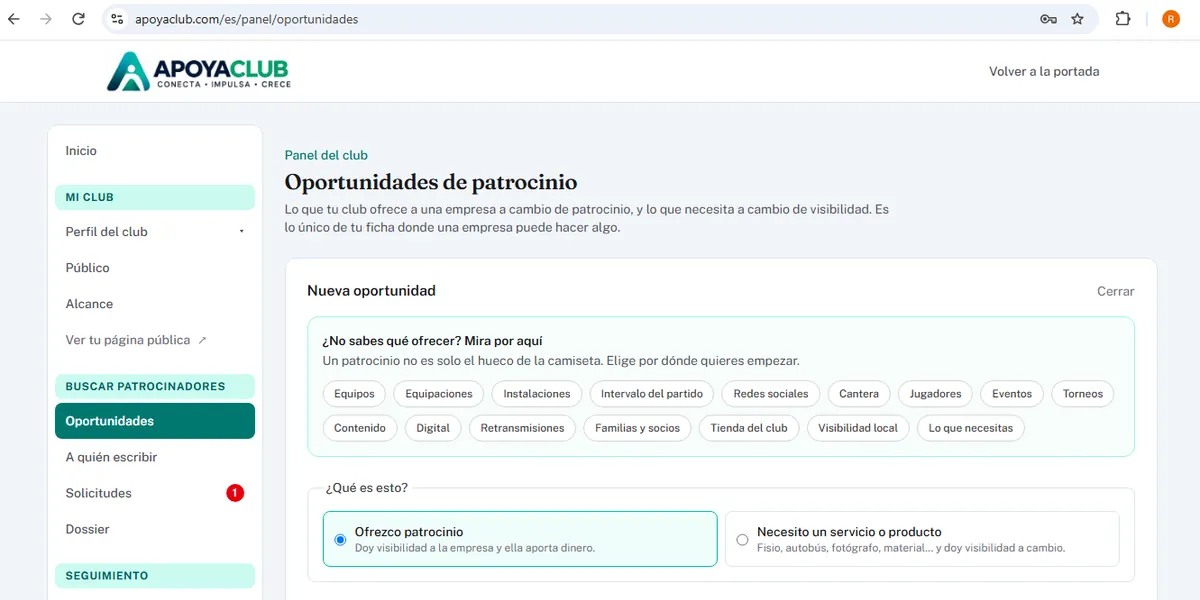 A tela de oportunidades, com o catálogo de ideias por categorias aberto.