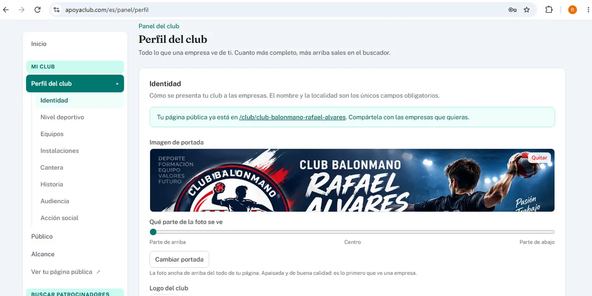 La ficha del club en ApoyaClub, con sus apartados: identidad, equipos, instalaciones, cantera.