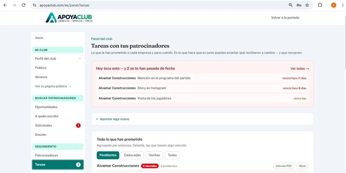 As tarefas com cada patrocinador, com as datas e o botão para gerar o relatório.
